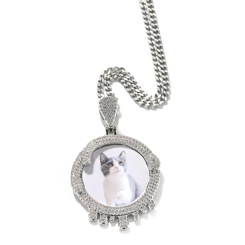 Iced Round Photo Pendant Necklace with 24 Inch Twist Chain, Gold or Silver Plated Hip Hop Statement Chain
