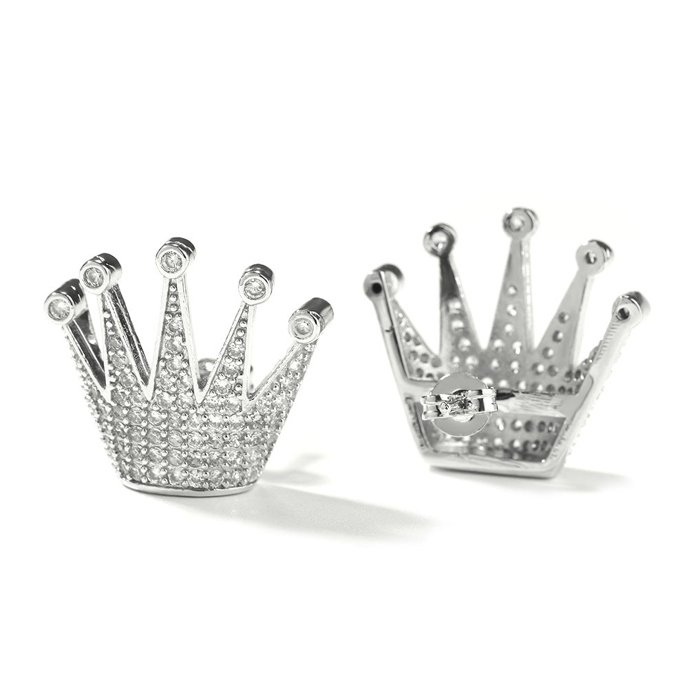 Men’s Crown Stud Earrings with Cubic Zirconia in Gold or Silver Tone Hip Hop Statement Jewelry