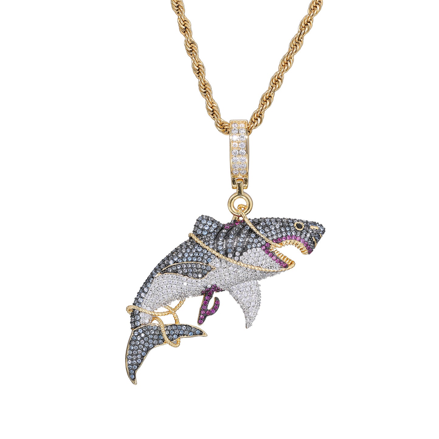 Iced Out Shark Pendant Necklace in Gold Tone with Cubic Zirconia Hip Hop Statement Chain product image