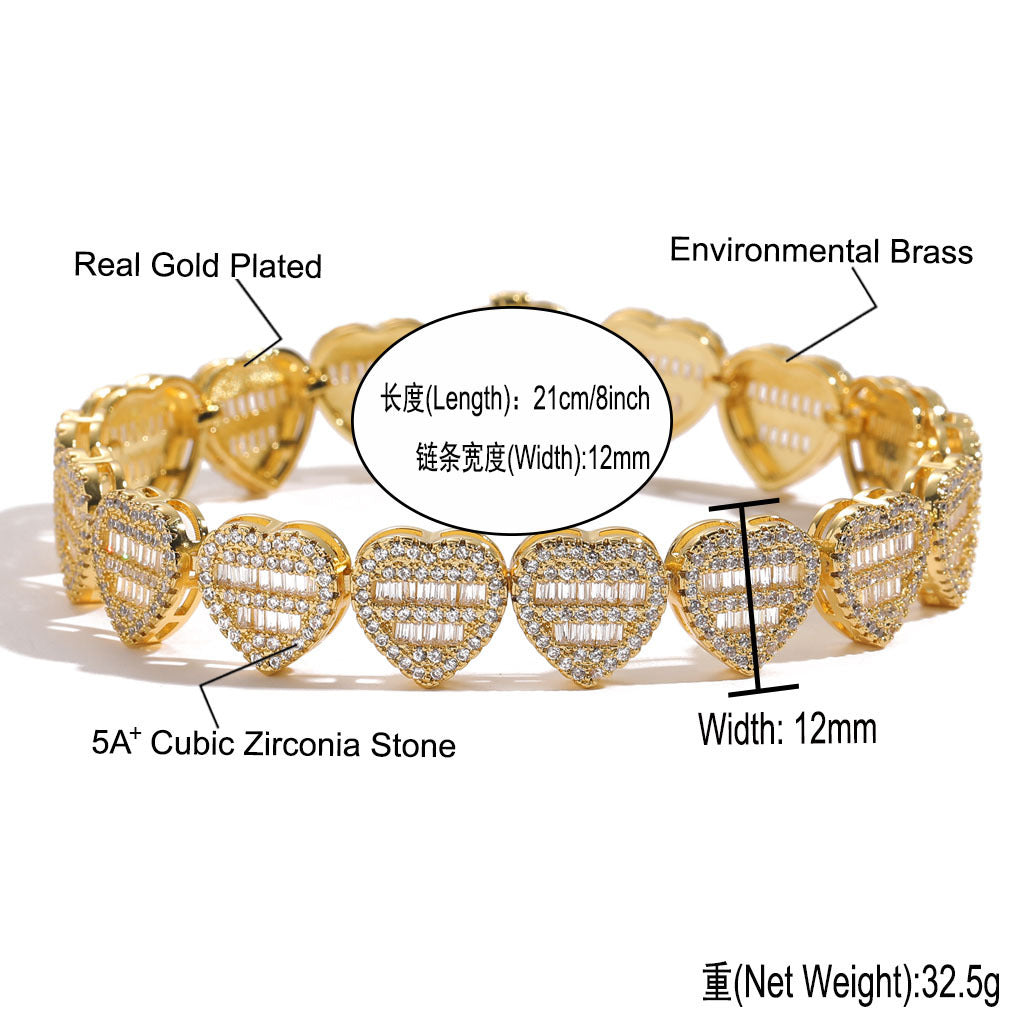Hip Hop Heart Cubic Zirconia Bracelet for Men and Women