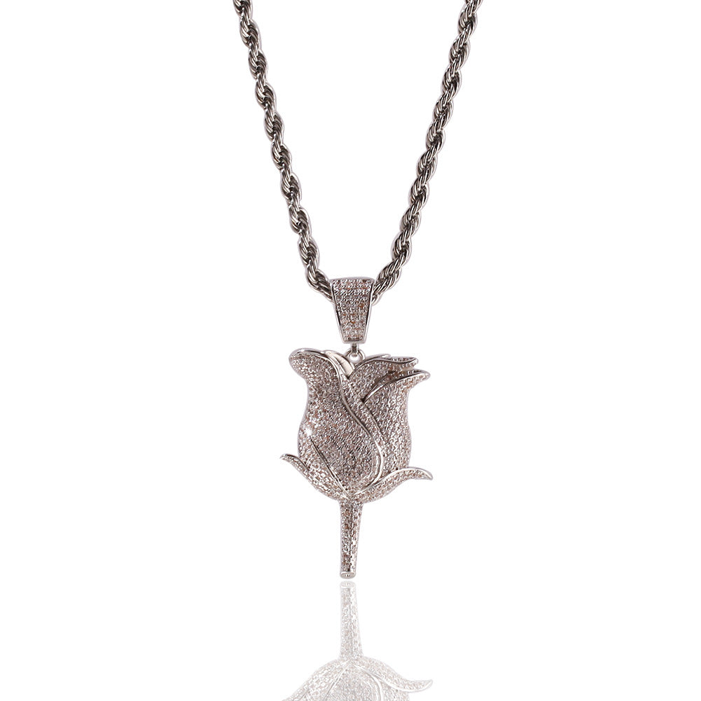 Men’s Iced Rose Pendant Necklace with Cubic Zirconia Twisted Chain, Gold Plated or Silver Plated Statement Jewelry product image