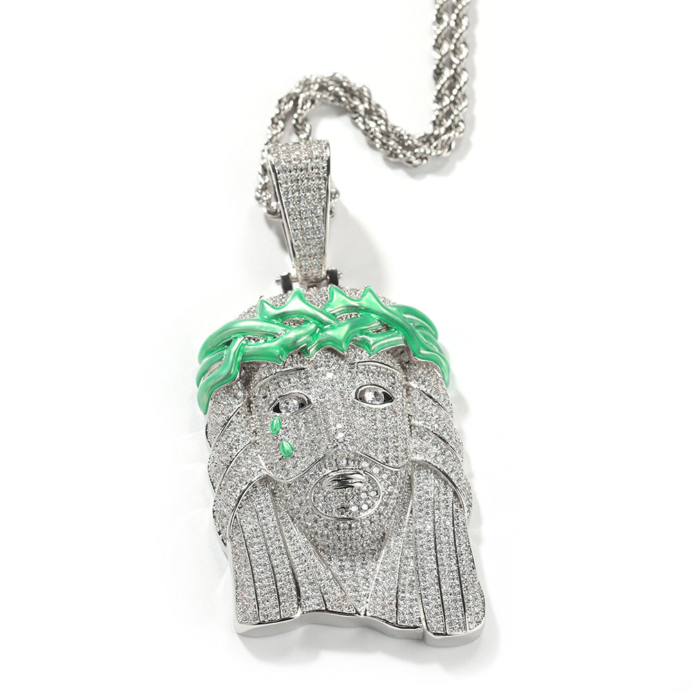 Iced Out Jesus Head Pendant Necklace for Men, Gold Tone Copper Chain with Cubic Zirconia Hip Hop Statement Pendant, 24 Inch Rope Chain