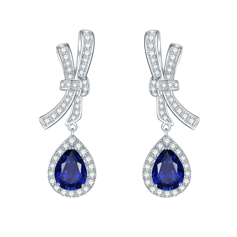 Royal Blue Teardrop Drop Earrings in 925 Silver, Bow Design for Women product image