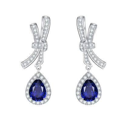 Royal Blue Teardrop Drop Earrings in 925 Silver, Bow Design for Women