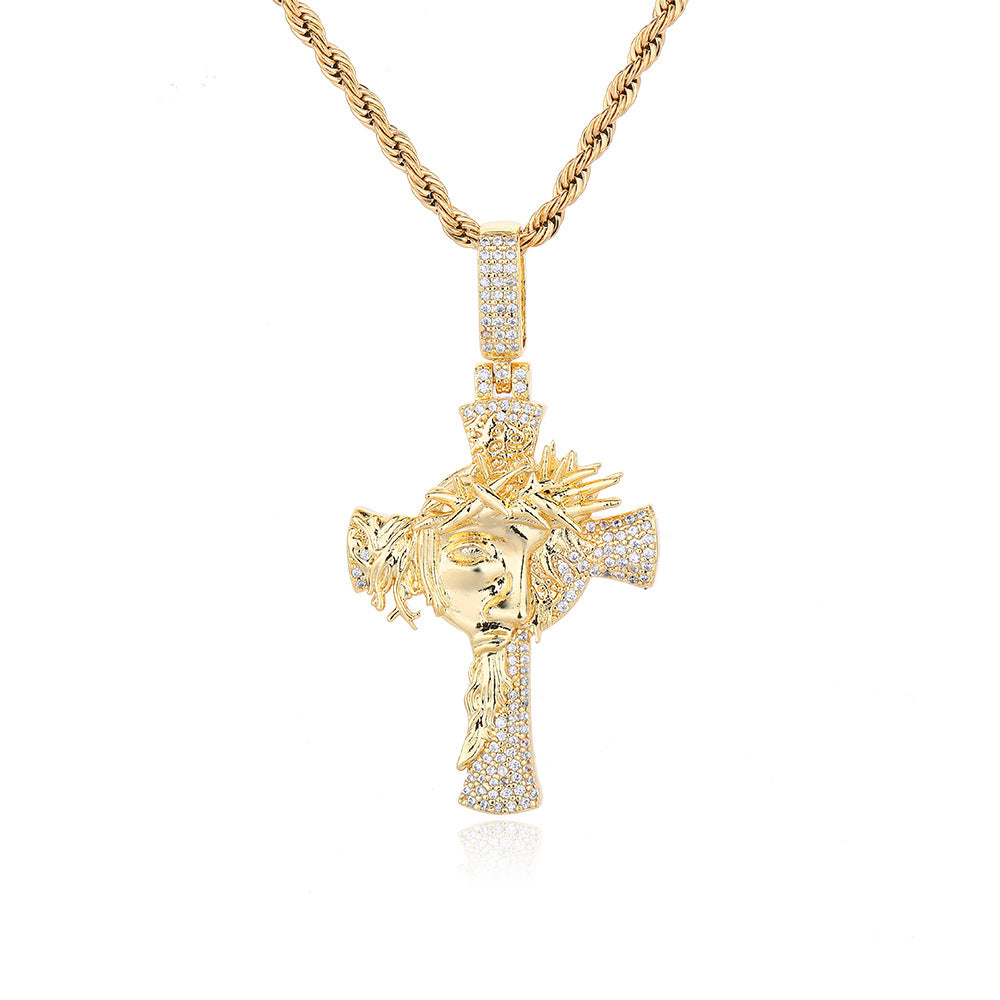 Crown of Thorns Cross Pendant Rope Chain Necklace for Men, Iced-Out Hip Hop Copper Jewelry product image