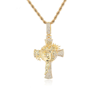 Crown of Thorns Cross Pendant Rope Chain Necklace for Men, Iced-Out Hip Hop Copper Jewelry
