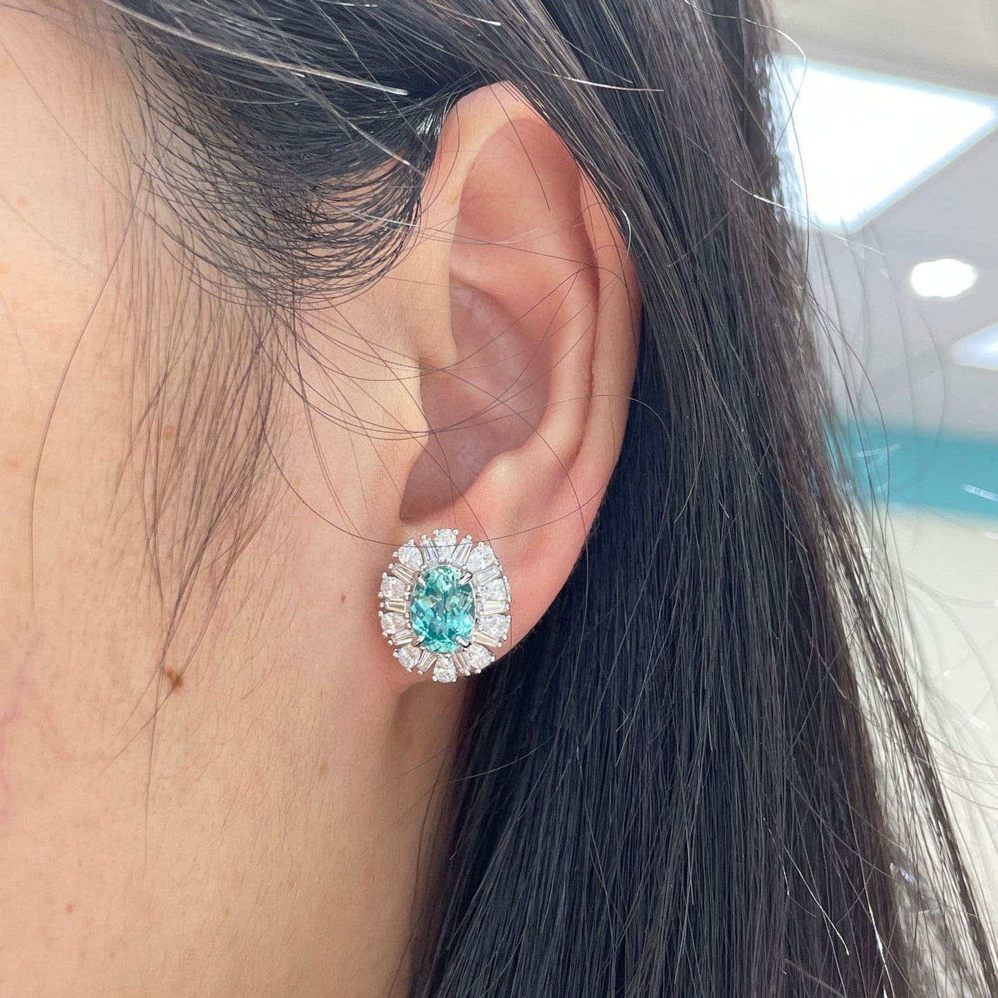 1.5 Carat Lab Grown Paraiba Stud Earrings, Oval Teal Blue Green Halo Earrings product image
