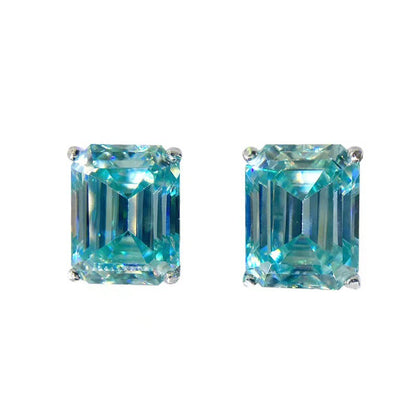 Green Moissanite Stud Earrings, Emerald Cut Geometric Unisex Earrings