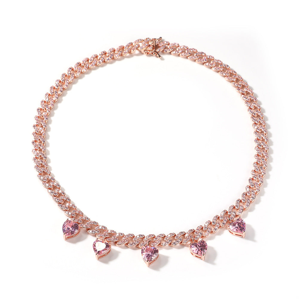 Unisex Heart Charm Cuban Link Necklace with Cubic Zirconia Pendant Chain in Gold, Silver & Rose Gold product image