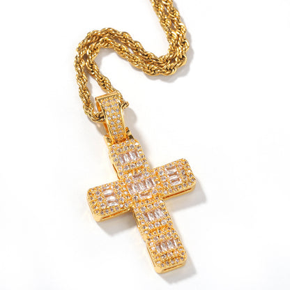 Unisex Iced Cross Pendant Necklace Stainless Steel Twisted Chain in Gold or Silver