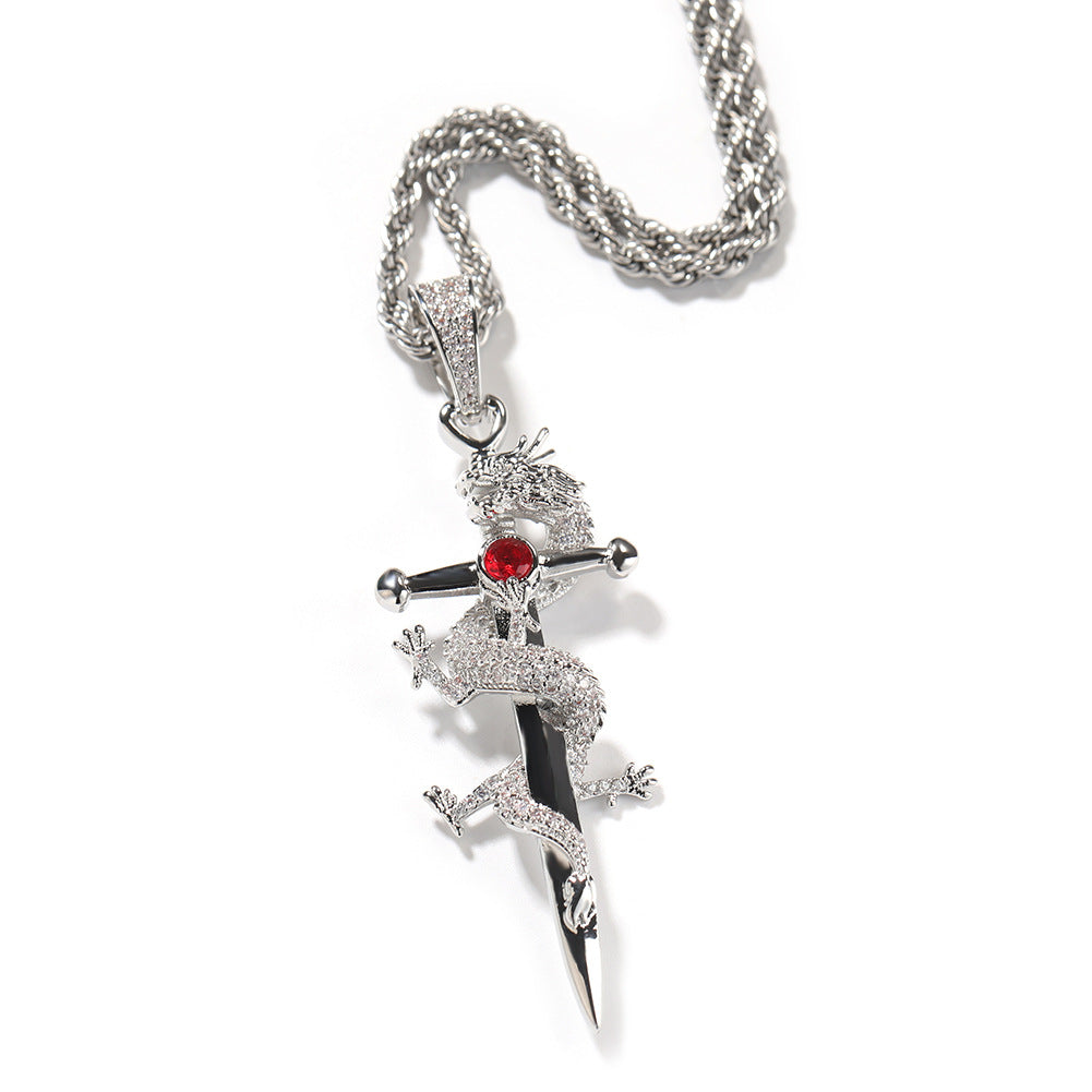 Iced Lizard Cross Pendant Necklace with Cubic Zirconia Twisted Chain - Silver, Blue, Red & Black Statement Necklace product image