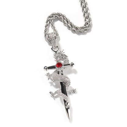 Iced Lizard Cross Pendant Necklace with Cubic Zirconia Twisted Chain - Silver, Blue, Red & Black Statement Necklace