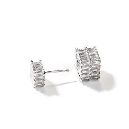 Unisex Square Cubic Zirconia Stud Earrings in Gold or Silver Tone Hip Hop Statement Jewelry