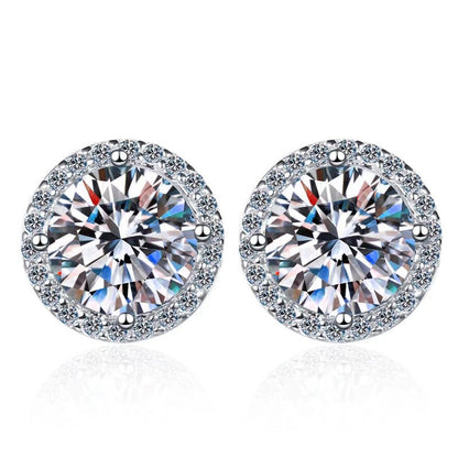 Round Cut Moissanite Stud Earrings with Halo, White Stone Earrings for Women