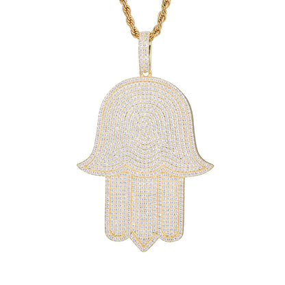 Hamsa Hand Zircon Pendant Necklace, Hip Hop Statement Chain Jewelry
