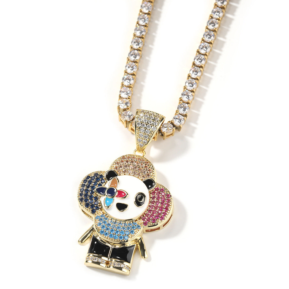 Hip Hop Flower Pendant Necklace for Women with Cubic Zirconia Twisted Chain, Gold or Silver Tone