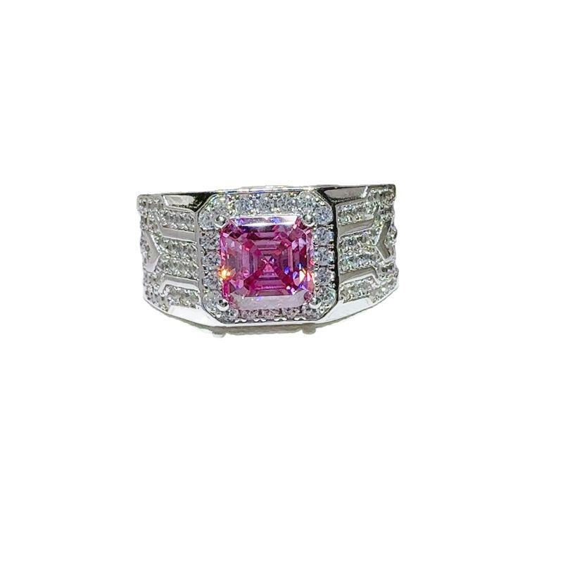 Men's Pink Asscher Cut Moissanite Ring with Halo Pavé Band product image
