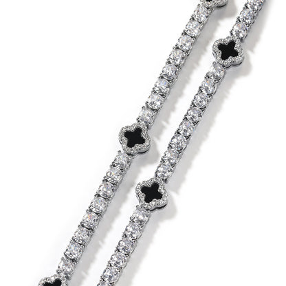Four Leaf Clover Tennis Chain Necklace & Bracelet for Women - Gold or Silver Plated Copper with Cubic Zirconia