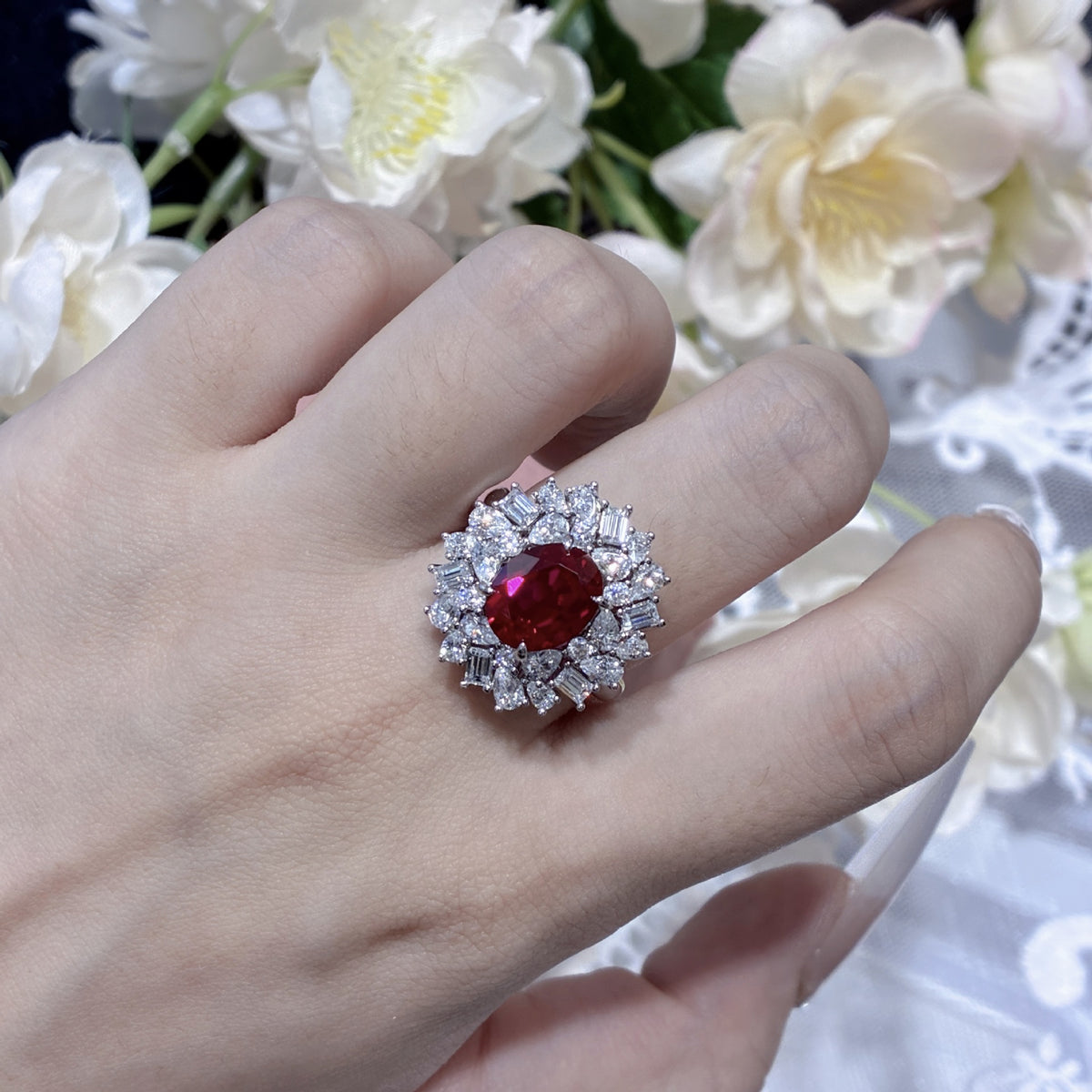 3 Carat Lab Grown Red Ruby Halo Ring for Women, Oval Statement Ring product image