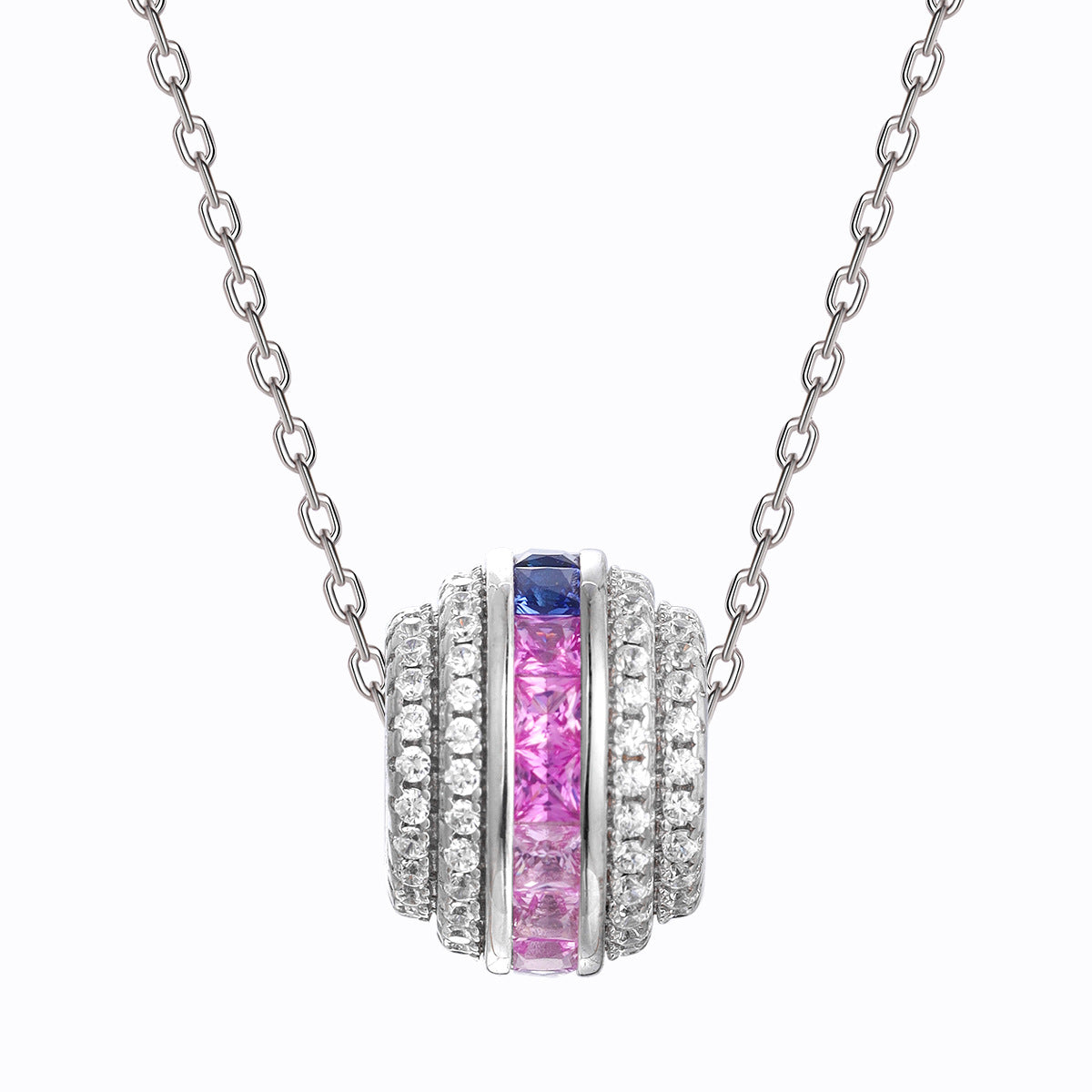 Lab-Grown Sapphire Circle Pendant Necklace, S925 Sterling Silver Rainbow Bezel Set Chain product image