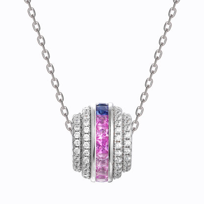 Lab-Grown Sapphire Circle Pendant Necklace, S925 Sterling Silver Rainbow Bezel Set Chain