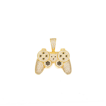 Iced Out Game Controller Pendant Necklace for Men and Women - Gold Tone Copper Hip Hop Rope Chain with Cubic Zirconia