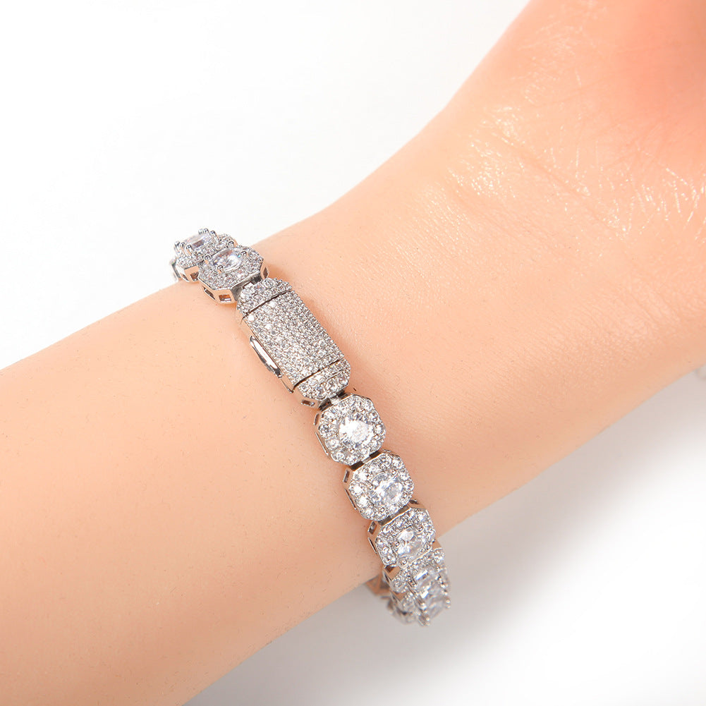 Iced Out Cubic Zirconia Chain Bracelet for Women & Men – Brass Square Link Statement Bracelet in Gold or Silver