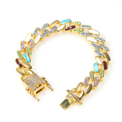 Unisex Statement Chain Bracelet with Multicolor Crystal Links - Hip Hop Style in Golden or Silvery, 7 Inch & 8 Inch