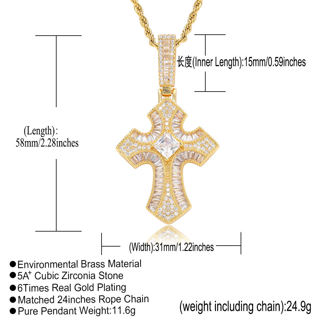 Vintage Light Luxury Cross Square Cubic Zirconia Pendant Necklace for Men and Women