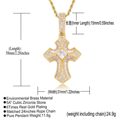 Vintage Light Luxury Cross Square Cubic Zirconia Pendant Necklace for Men and Women