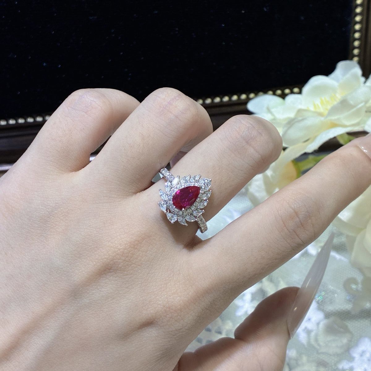 S925 Sterling Silver Lab-Grown Ruby Halo Ring for Women, Teardrop Floral Pavé Ring product image