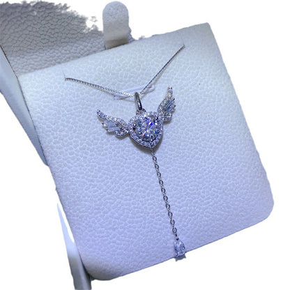 925 Silver Moissanite Angel Wing Heart Necklace with 1 Carat Pendant