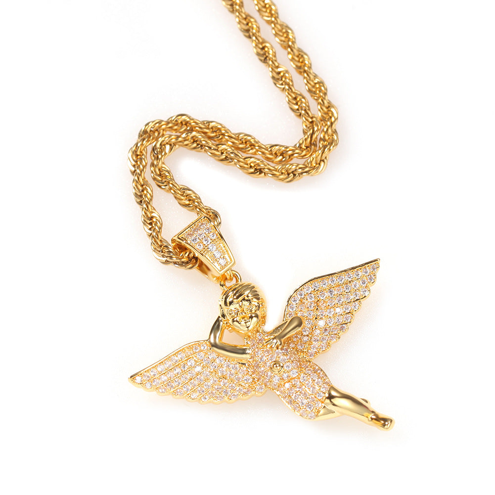 Iced Angel Pendant Necklace with Cuban Chain - Gold Plated or Silver Plated Cubic Zirconia Statement Chain