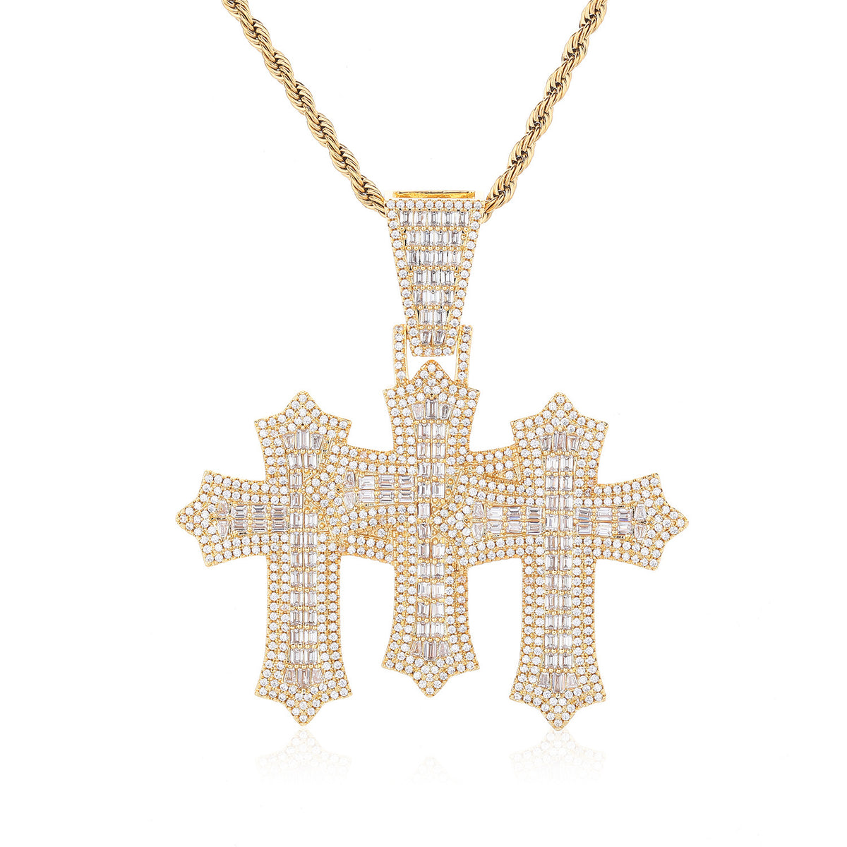 Triple Cross Pendant Necklace, 3MM Rope Chain, Zirconia Hip Hop Jewelry product image