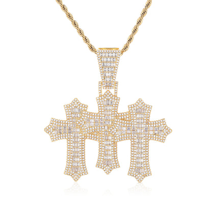Triple Cross Pendant Necklace, 3MM Rope Chain, Zirconia Hip Hop Jewelry
