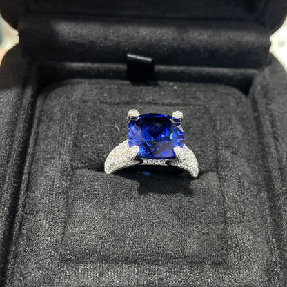 Sterling Silver Blue Cushion Cut Statement Ring for Women
