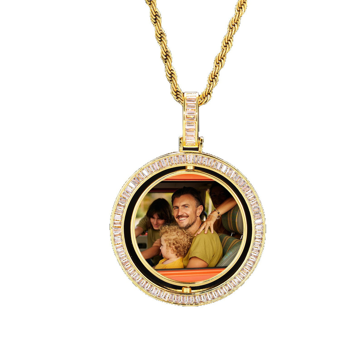 Iced Out Round Photo Pendant Necklace with Cubic Zirconia Rope Chain for Women and Men product image
