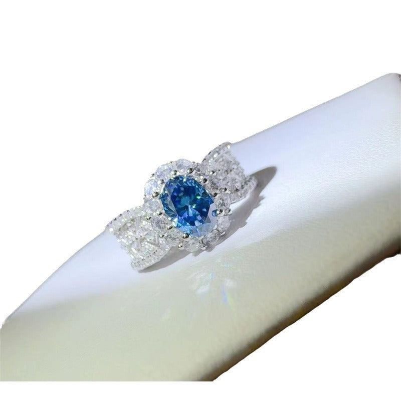 Blue Moissanite Halo Ring for Women, 1 Carat Oval Statement Engagement Ring, Geometric Pave Band product image