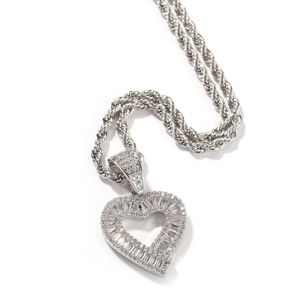 Iced Heart Pendant Necklace with Zircon Stones, 24 Inch 3mm Rope Chain, Hip Hop Copper Necklace for Women & Men