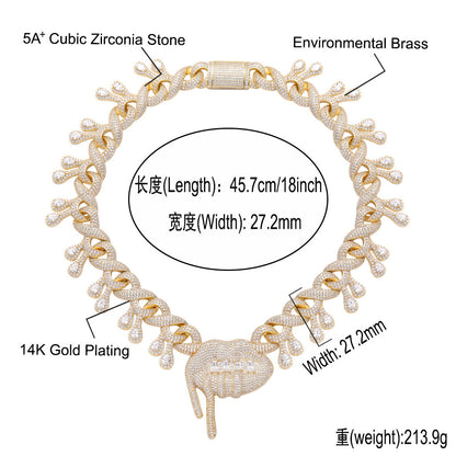 Hip Hop Teardrop Cuban Link Lip Cubic Zirconia Pendant Necklace for Men