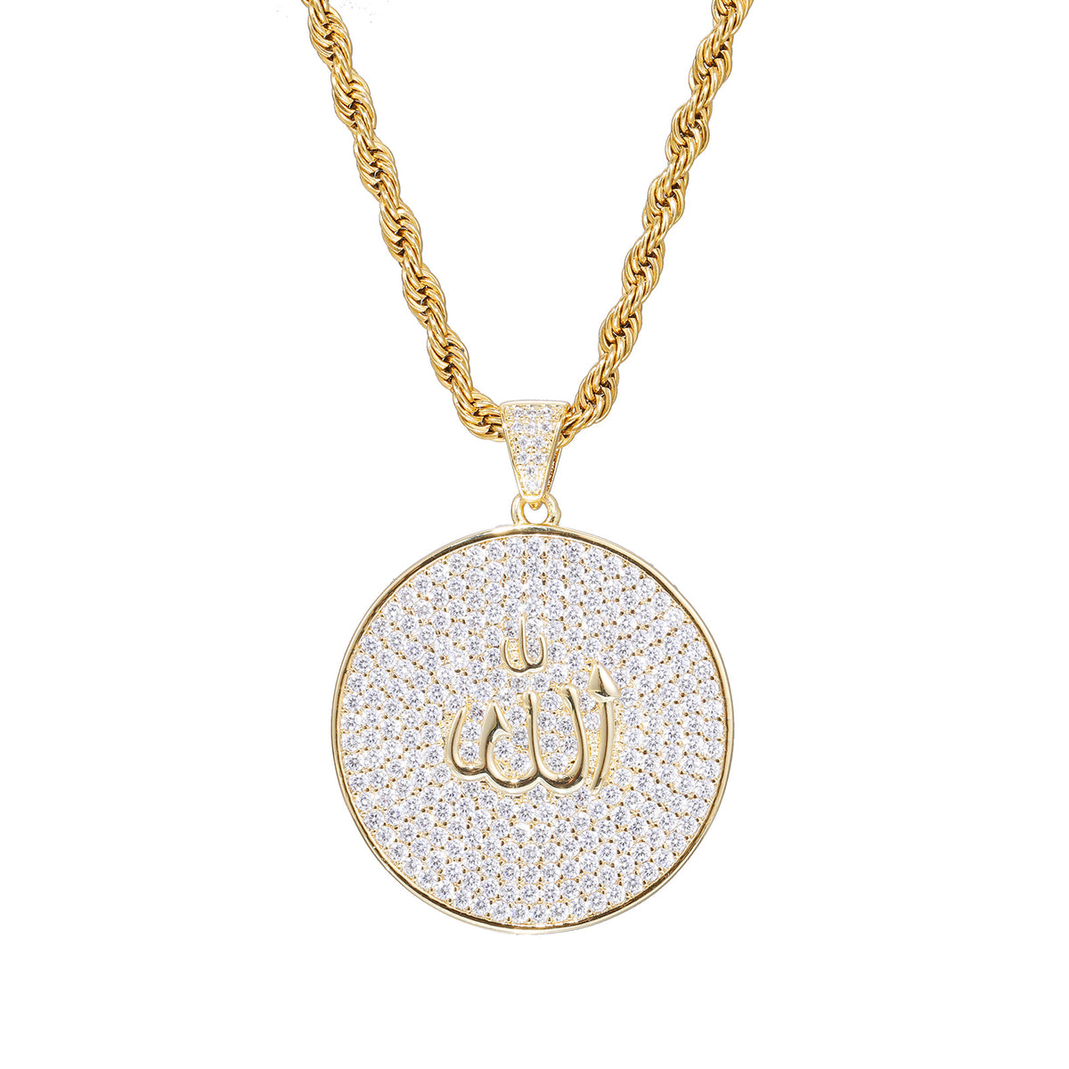 Arabic Calligraphy Zircon Pendant Necklace, Round Rope Chain Hip Hop Jewelry product image