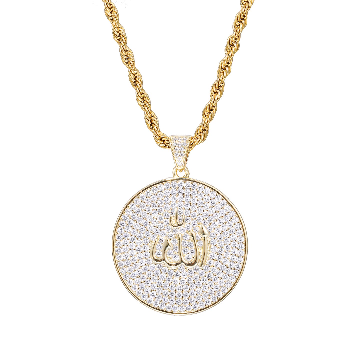 Arabic Calligraphy Zircon Pendant Necklace, Round Rope Chain Hip Hop Jewelry product image