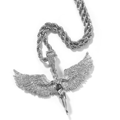 Iced Wing Angel Pendant Necklace with Twisted Rope Chain for Women and Men