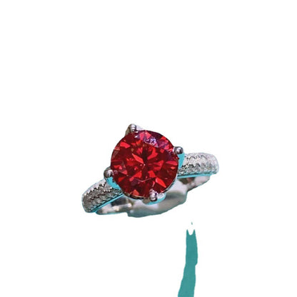 2 Carat Pigeon Blood Red Moissanite Ring with Pavé Band for Women