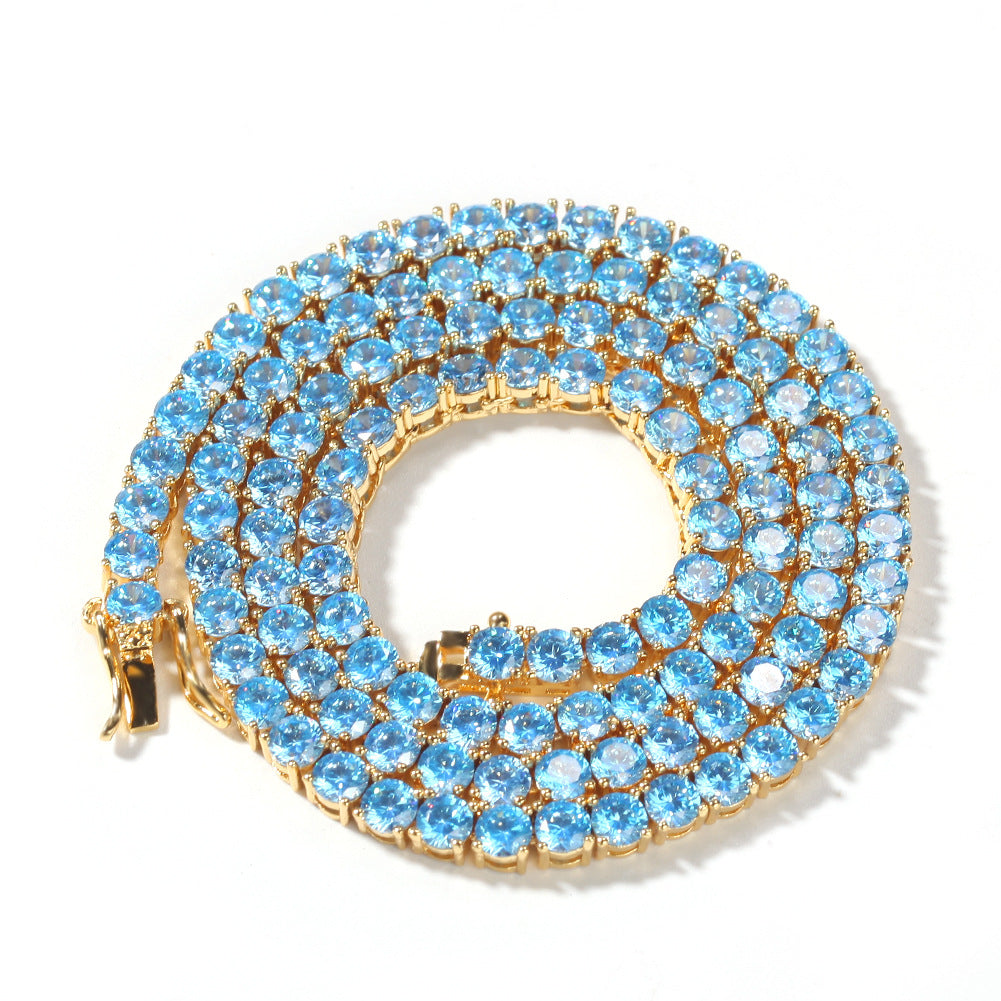 Iced Out Blue Cubic Zirconia Tennis Chain Necklace for Women & Men, Gold Plated or Silver Plated Round Statement Pendant Chain