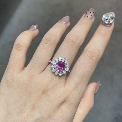 Lab-Created Pink Sapphire Oval Halo Ring in 925 Sterling Silver
