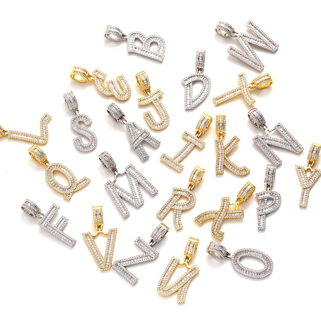 Hip Hop Light Luxury Letter Square Cubic Zirconia Pendant Necklace for Men and Women