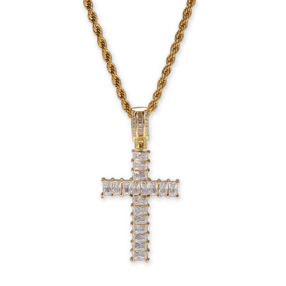 Iced Out Cross Pendant Necklace with Rectangular Cubic Zirconia, Gold or Silver Tone, 24 Inch Stainless Steel Rope or Cuban Chain