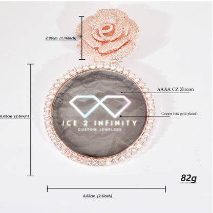 Rose Photo Frame Pendant Necklace for Women Iced Out Statement Jewelry
