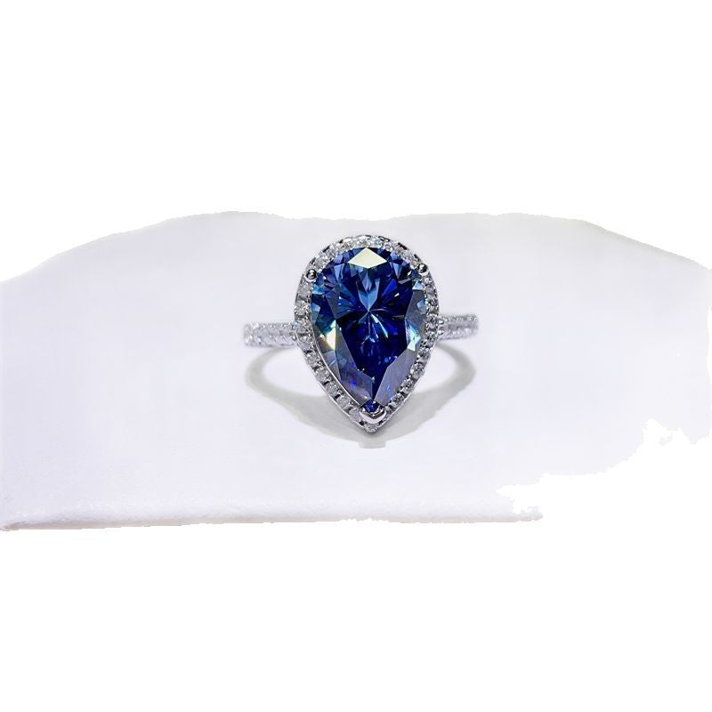 Blue Pear Cut Moissanite Halo Ring for Women, 1 Carat 2 Carat 5 Carat Engagement Ring product image